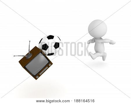3D Character hitting tv with football soccer ball. Image depicting child causing a mess in the house.