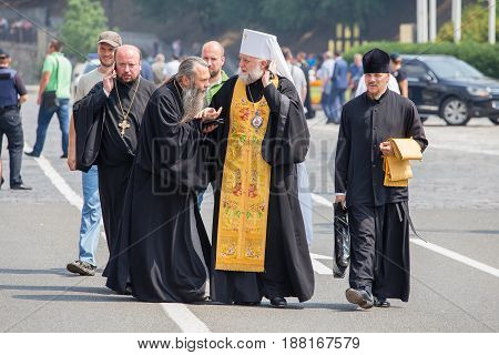 KIEV UKRAINE - JULY 27 2016 : Parishioners Ukrainian Orthodox Church Moscow Patriarchate during religious procession. At present there is undeclared war of Kiev Patriarchate and Moscow Patriarchate
