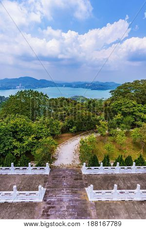 View of Sun Moon Lake with temple entrance