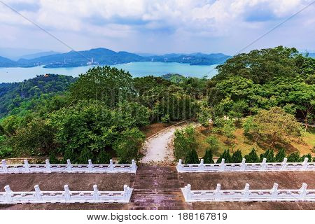 View of Sun Moon Lake with temple entrance