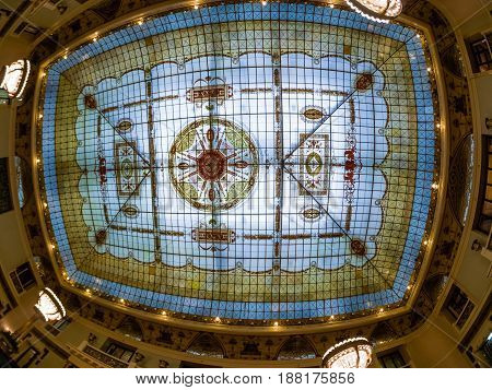 MOSCOW RUSSIA - APRIL 27 2017: Stained-glass ceiling roof of Metropol hotel main restaurant in Moscow Russia on April 27 2017. Hotel was built in 1899-1907 in Art Nouveau style.