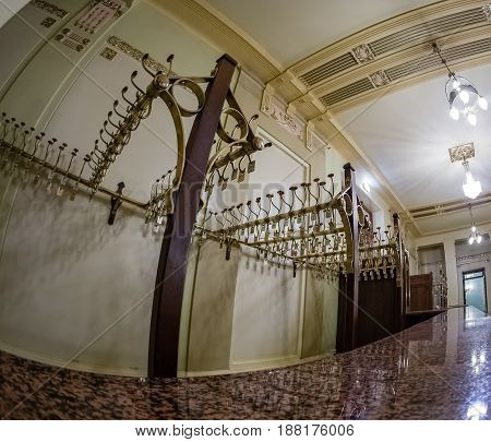 MOSCOW RUSSIA - APRIL 27 2017: Coat rack in Metropol hotel in Moscow Russia on April 27 2017. Hotel was built in 1899-1907 in Art Nouveau style.