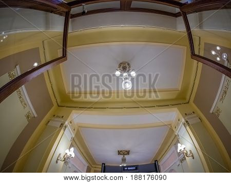 MOSCOW RUSSIA - APRIL 27 2017: Ceiling design interior in Metropol hotel in Moscow Russia on April 27 2017. Hotel was built in 1899-1907 in Art Nouveau style.