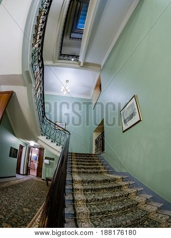 MOSCOW RUSSIA - APRIL 27 2017: Interior decorative staircase in Metropol hotel in Moscow Russia on April 27 2017. Hotel was built in 1899-1907 in Art Nouveau style.