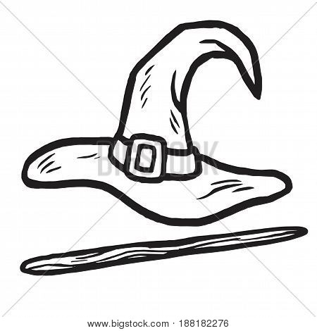 Wizard Hat and Stick Doodle. Icon Isolated on White Background. Vector