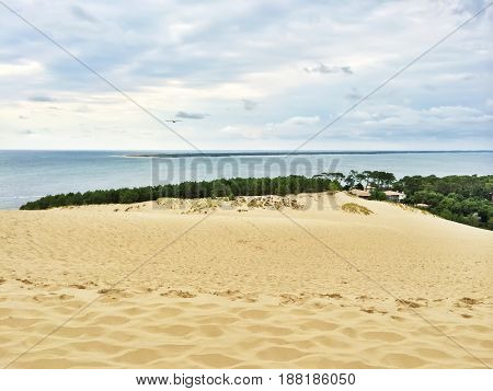 View from the famous Dune of Pilat (Dune du Pilat) the tallest sand dune in Europe located in the Arcachon Bay area France.