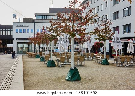 MOENCHENGLADBACH-RHEYDT, GERMANY - OCTOBER 13, 2016: Detail view on empty cafe and department store