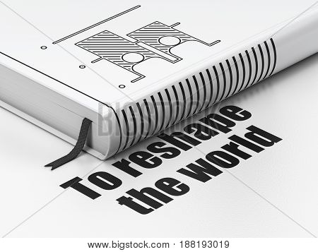 Political concept: closed book with Black Election icon and text To reshape The world on floor, white background, 3D rendering