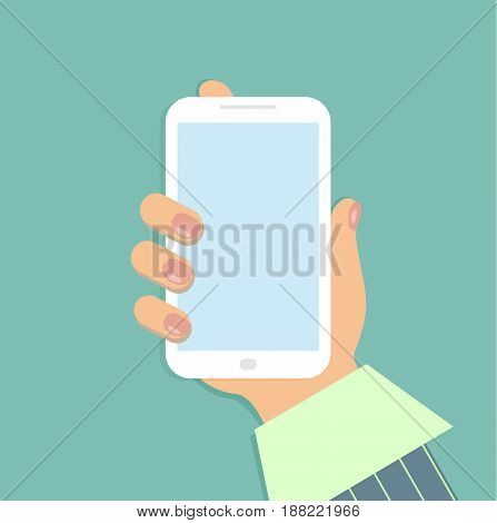 A mobile phone in the female`s hand. A smartphone in businesswoman`s hand. A sleeve of green shirt and a striped suit. Red nails. Vector illustration.