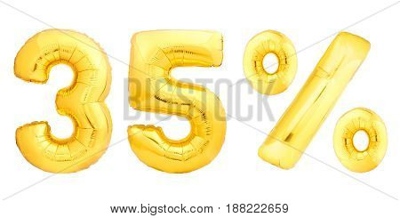 Golden thirty five 35 percent made of inflatable balloons isolated on white background. One of full percentage set