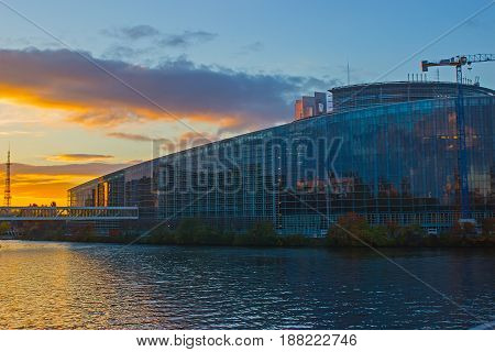 EU parliament building with sky and clouds above. Strasbourg, France.