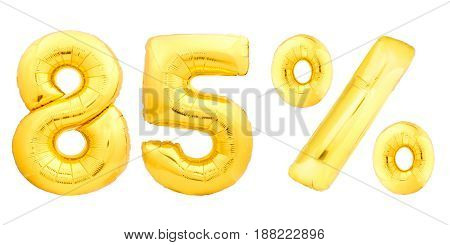 Golden eighty five 85 percent made of inflatable balloons isolated on white background. One of full percentage set