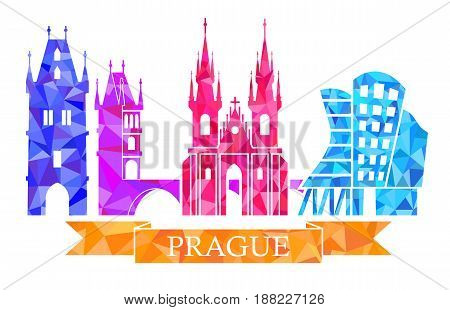 Powder tower, Charles bridge, Tyn Church, Prague dancing house. Traditional symbols of Prague, in the polygonal style