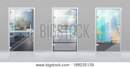 Office workplace through glossy glass door view flat vector. Entrance to the cabinet with table, computer on it and chair. Set of modern office interior design illustrations for business concepts