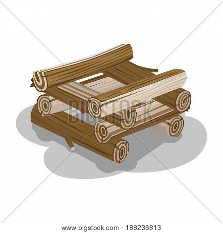 Neatly stacked firewood with shadow on white background. Elements to make fire. Outdoor pastime on nature. Firewood elements. Isolated vector illustration of natural materials that useful in hike.