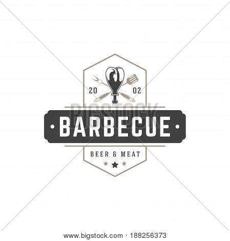 Restaurant logo template vector object for logotype or badge Design. Trendy retro style illustration, Barbecue grill chicken silhouette.