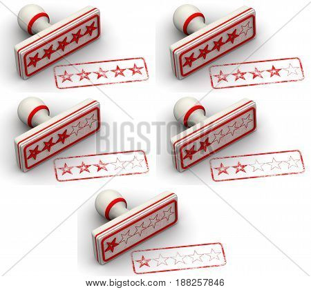 Five stars rating. Set of red seals and imprints from one to five rating stars. Isolated. 3D Illustration