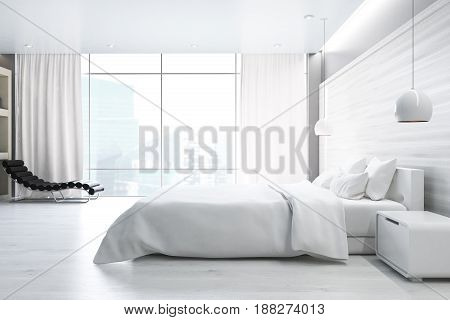 Side view of a white wall bedroom interior with a double bed a bedside table an armchair and a large window. 3d rendering