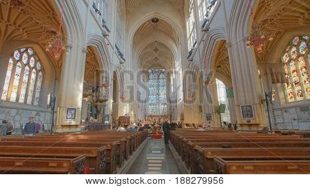 BATH ABBEY UK-APRIL 8: worship band rehearses worship songs inside Bath Abbey for Sunday service surrounding by many tourists in summer on April 8 2017