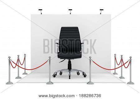 Barrier Rope Around Trade Show Booth with Black Leather Boss Office Chair on a white backgroundl. 3d Rendering.