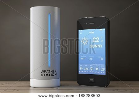 Modern Digital Wireless Home Weather Station with Mobile Phone with Weather on Screen on a wooden table. 3d Rendering.