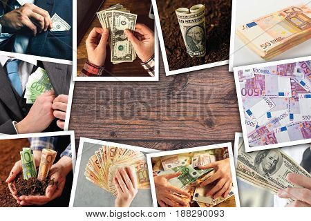 Business and entrepreneurship photo collage over wooden background