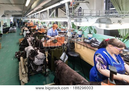 MOSCOW, RUSSIA - FEBRUARY 21, 2017: Moscow shoe factory JSC RALF RINGER. Shop processing of leather blanks.