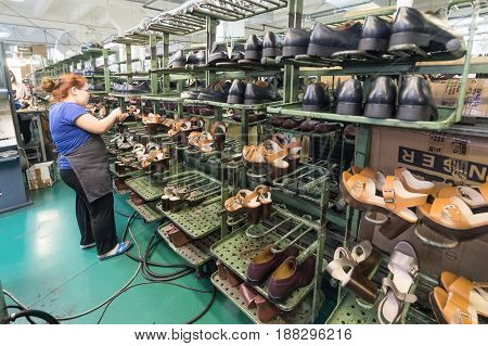 MOSCOW, RUSSIA - FEBRUARY 21, 2017: Moscow shoe factory JSC RALF RINGER. The conveyor of the shoe factory
