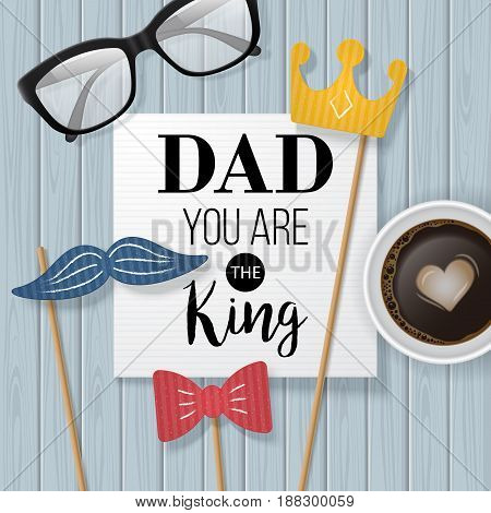 Fathers Day Banner Design With Lettering, Coffee Cup And Paper Note. Flat Lay Style