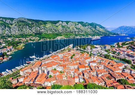 Kotor Montenegro. View of Bay of Kotor old town from Lovcen mountain.