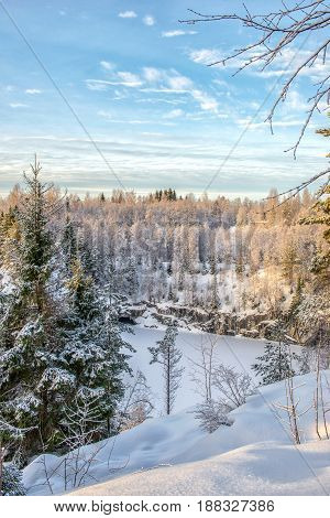Marble kanyon in Ruskeala Karelia in winter Russia