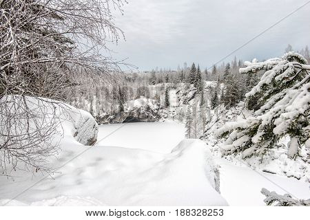 Marble kanyon in Ruskeala Karelia in winter Russia