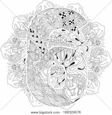 Hand-painted art design. Adult anti-stress coloring page. Black and white hand drawn illustration mandala with numero six for coloring book