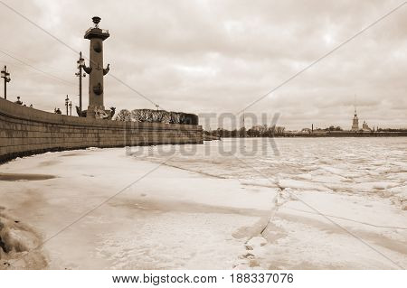 View on Vasilyevsky island and the Paul and Peter fortress in the winter Saint Petersburg Russia