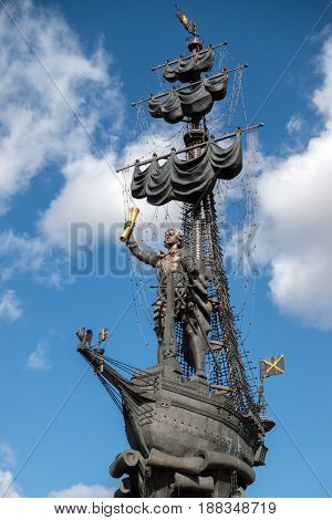 MOSCOW RUSSIA - March 23 2017: Forefront of the monument to Peter the Great. Blue sky background