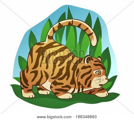 Hand drawn picture of a cute fat little tiger sneaking in the jungle cartoon vector illustration
