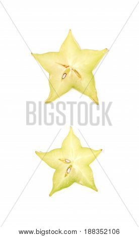 Single cross-section slice of carambola starfruit fruit isolated over the white background