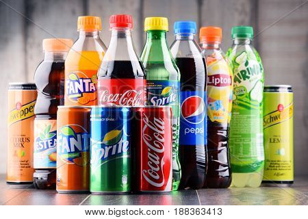 POZNAN POLAND - MAY 19 2017: Global soft drink market is dominated by brands of few multinational companies founded in North America. Among them are Pepsico Coca Cola and Dr. Pepper Snapple Group