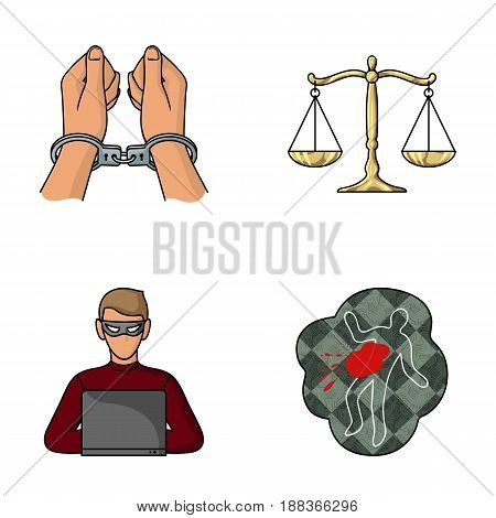 Handcuffs, scales of justice, hacker, crime scene.Crime set collection icons in cartoon style vector symbol stock illustration .
