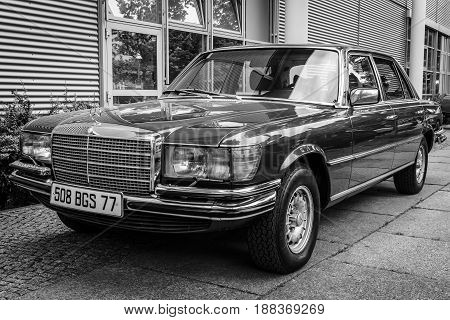 BERLIN GERMANY - MAY 17 2014: Full-size luxury car Mercedes-Benz 450SEL (W116). Black and white. 27th Oldtimer Day Berlin - Brandenburg