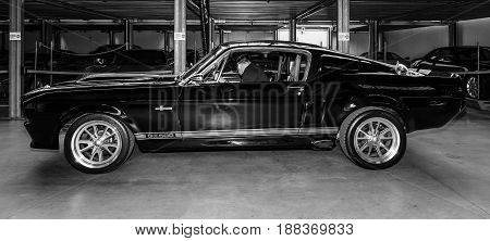 BERLIN GERMANY - MAY 17 2014: Shelby Mustang GT500 - is a high-performance version of the Ford Mustang. Black and white. 27th Oldtimer Day Berlin - Brandenburg