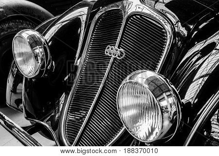 BERLIN GERMANY - MAY 17 2014: Detail of the oldtimer DKW Schwebeklasse. Black and white. 27th Oldtimer Day Berlin - Brandenburg
