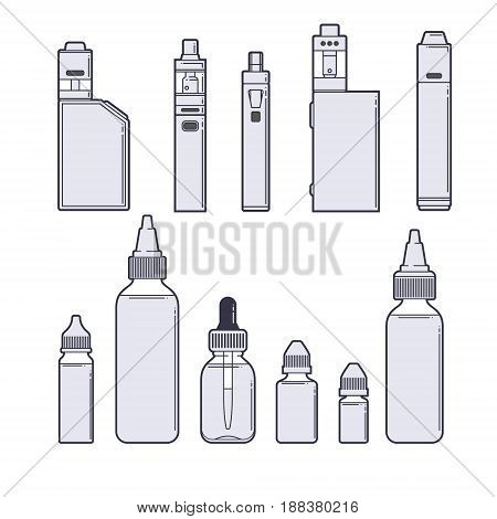 Vaping vector set. Juices and devices outline on white background. EPS10