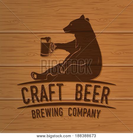 Craft Beer badge. Vector illustration. Vintage design for bar, pub and restaurant business. Photorealistic wood engraved craft beer design.