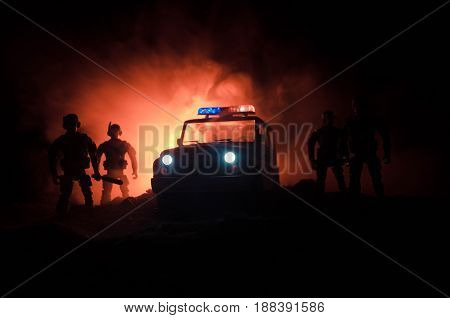 Anti-riot Police Give Signal To Be Ready. Government Power Concept. Police In Action. Smoke On A Dar