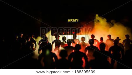 Anti-riot Police Give Signal To Be Ready. Government Power Concept. Police In Action. Smoke On A Dar