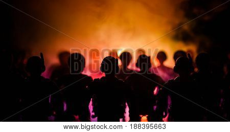 Anti-riot Police Give Signal To Be Ready. Government Power Concept. Police In Action. Smoke On A Dar