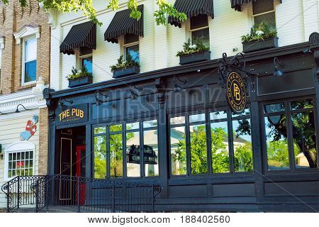 GRANVILLE OH - MAY 15 2017: The Pub on Broadway is a mainstay in this east central Ohio village serving a variety of food and drinks in a cozy tavern atmosphere.