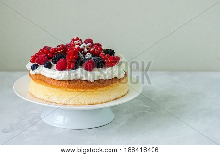 Close Up Of Fluffy Japaniese Cheesecake With Wipped Cream Cheese Frosting And Garnished With Forest