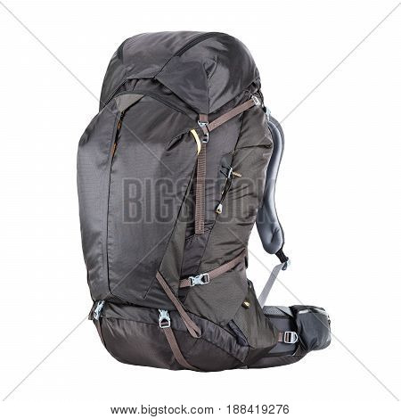 Travel Backpack Isolated on White Background. Black Trekking Rucksack. Climbing Bag. Bouldering Day Pack. Rope Bag